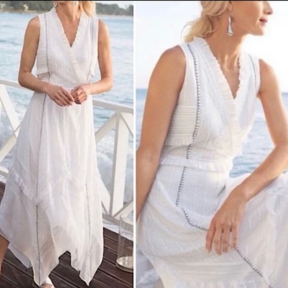SOFT SURROUNDINGS "Villette" Boho WHT Lace Handkerchief Wrap Stitch Trim Maxi L - Picture 5 of 16
